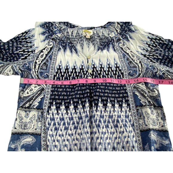 FIG & FLOWER Women Paisley Print Blouse Sz M Blue 3/4 Sleeve Abstract 26-3 - Picture 7 of 13